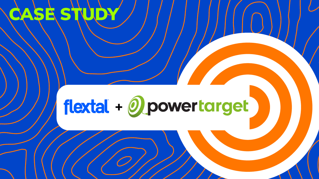 Blue field with an orange bullseye and the logos for FlexTal and Power Target. Title, "Case Study" appears in bright green.