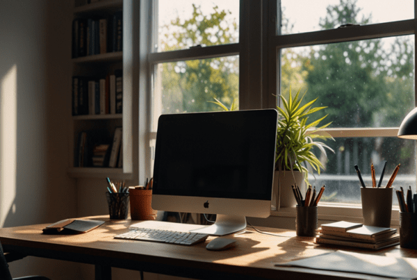 Well organized home office desk with computer monitor and desk accessories in front of window looking out at lush green trees.