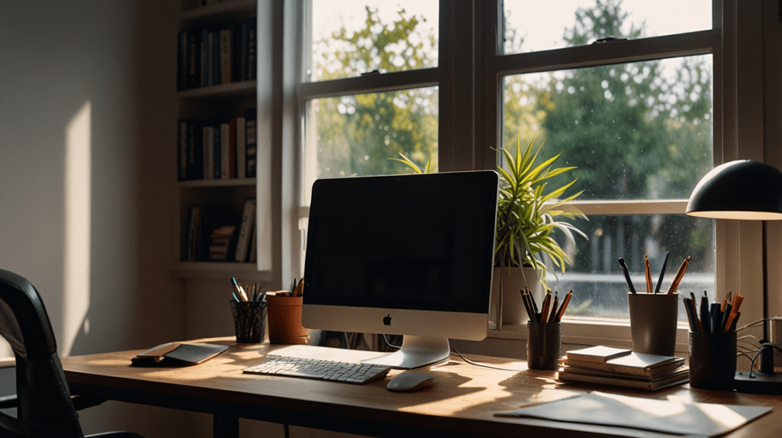 Well organized home office desk with computer monitor and desk accessories in front of window looking out at lush green trees.