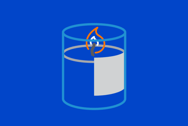 Graphic image of a jar-candle. Blue background with light blue, orange, and gray graphics.